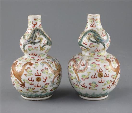 A pair of Chinese famille rose double gourd dragon vases, Guangxu six character mark and of the period (1875-1908), H.14cm